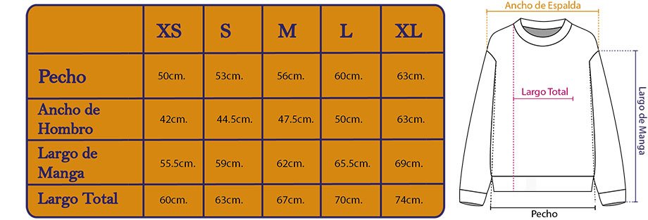 guia de tallas sudadera cuello redondo adulto