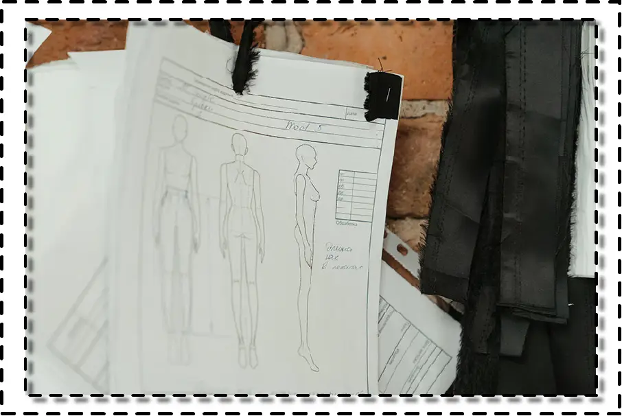 Boceto técnico de diseño de moda acompañado de muestras textiles en un espacio de trabajo
