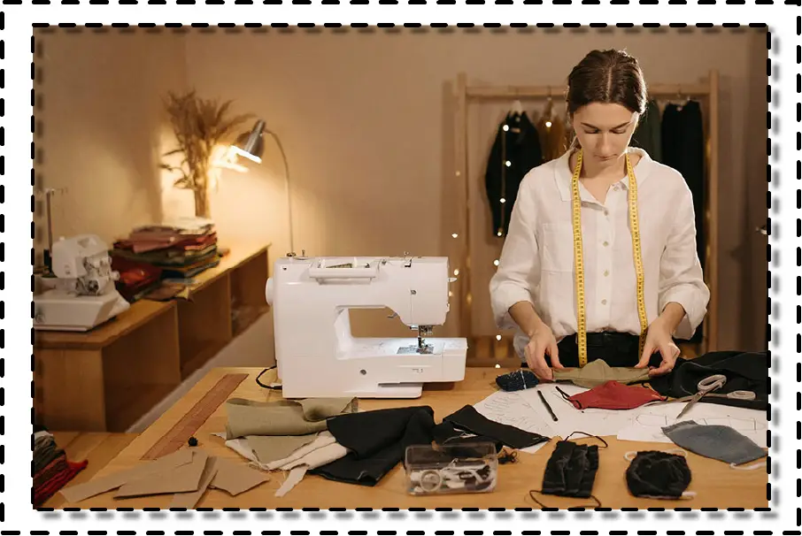 Diseñadora de moda trabajando en su taller con máquina de coser, moldes, telas y herramientas de confección