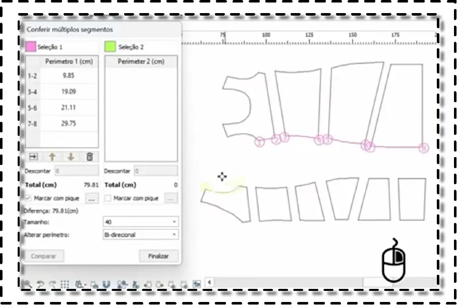 Pantalla del software Audaces mostrando herramientas de medición de segmentos y moldes digitales de prenda