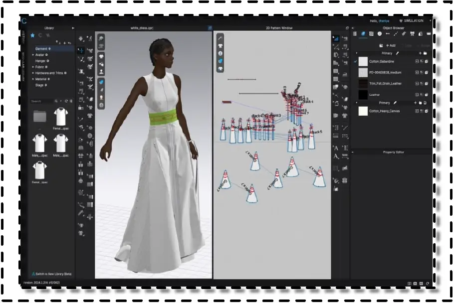 Interfaz de Clo 3D mostrando avatar, piezas planas del patrón y herramientas de simulación.