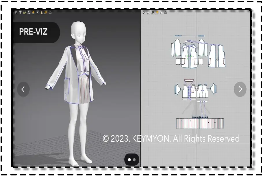 Captura de pantalla del software Marvelous Designer mostrando una simulación 3D de prenda sobre avatar y la disposición técnica de las piezas de patrón digital.