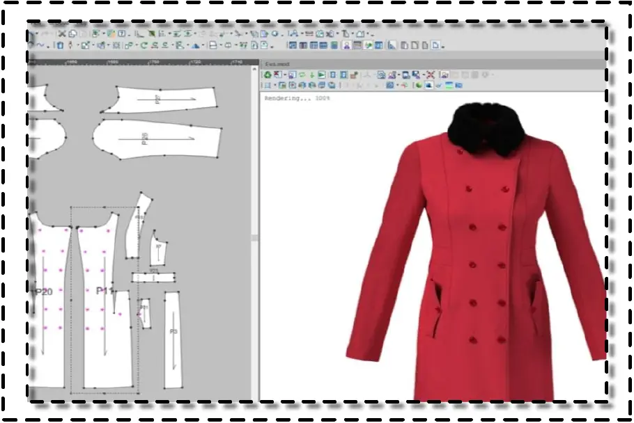 Vista del software Optitex mostrando un abrigo rojo digitalizado junto a piezas de patrón en 2D.
