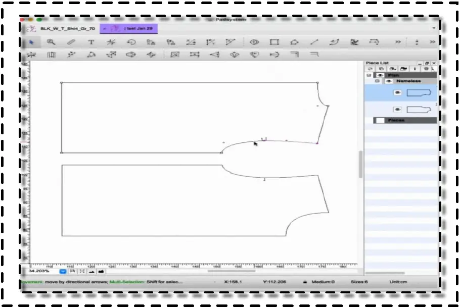 Captura de pantalla del software PAD System mostrando el entorno de trabajo para la creación y edición de piezas de patrón digital.