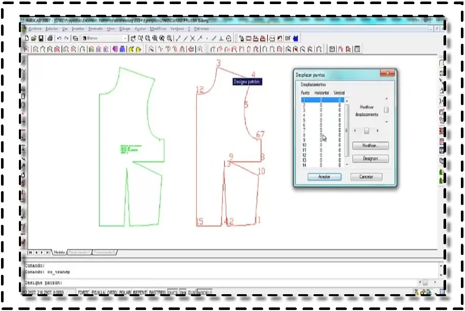 Interfaz de Patroneo Key mostrando el diseño y la edición de piezas de un patrón digital.