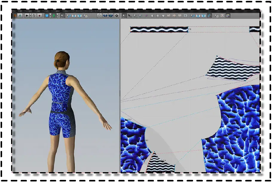 Vista trasera de un avatar 3D vestido con conjunto deportivo azul junto a sus piezas de patrón digital.
