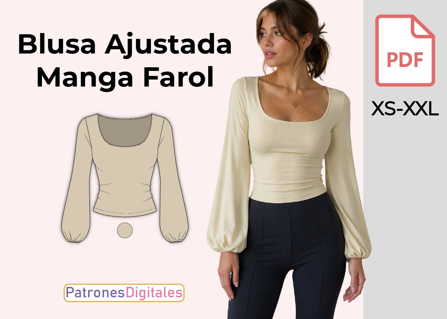 Blusa Ajustada Manga Farol-Patrón Gratis en PDF
