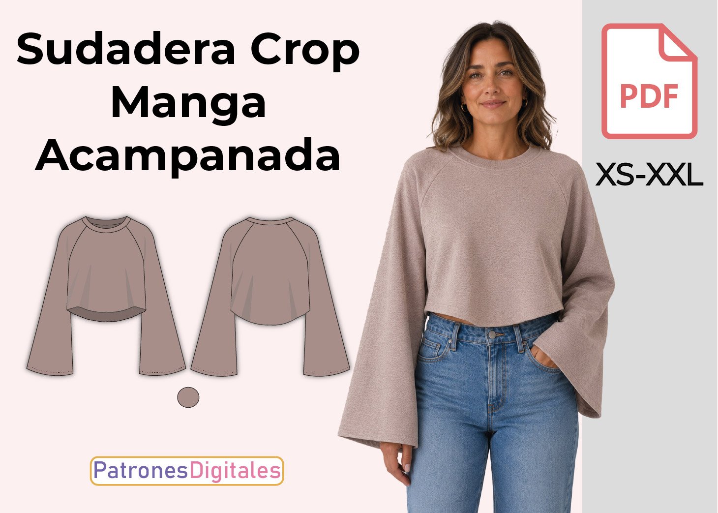 Sudadera Crop Manga Acampanada-Patrón Gratis PDF