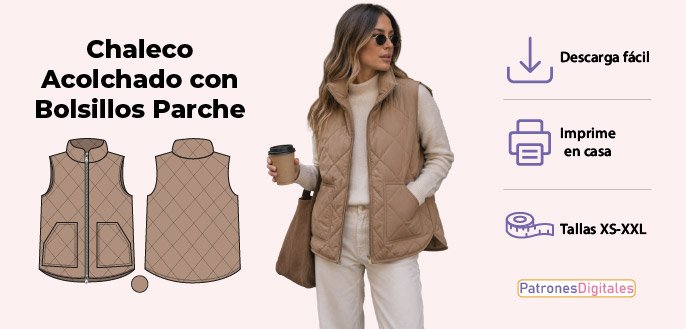 cabecera chaleco acolchado con bolsillos parche mujer