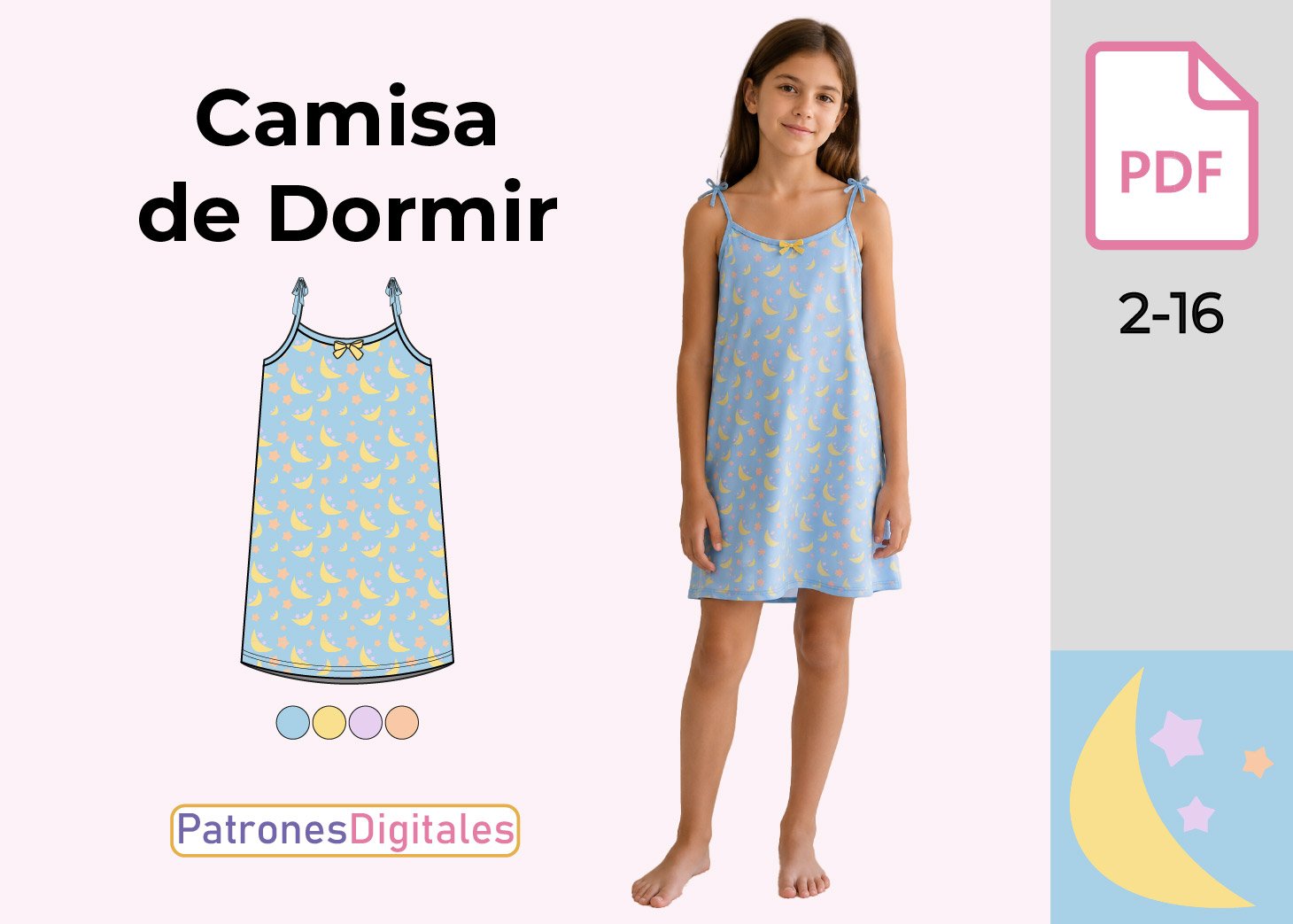 Patrón de Camisa de Dormir para Niña Gratis en PDF – Tallas 2 a 16