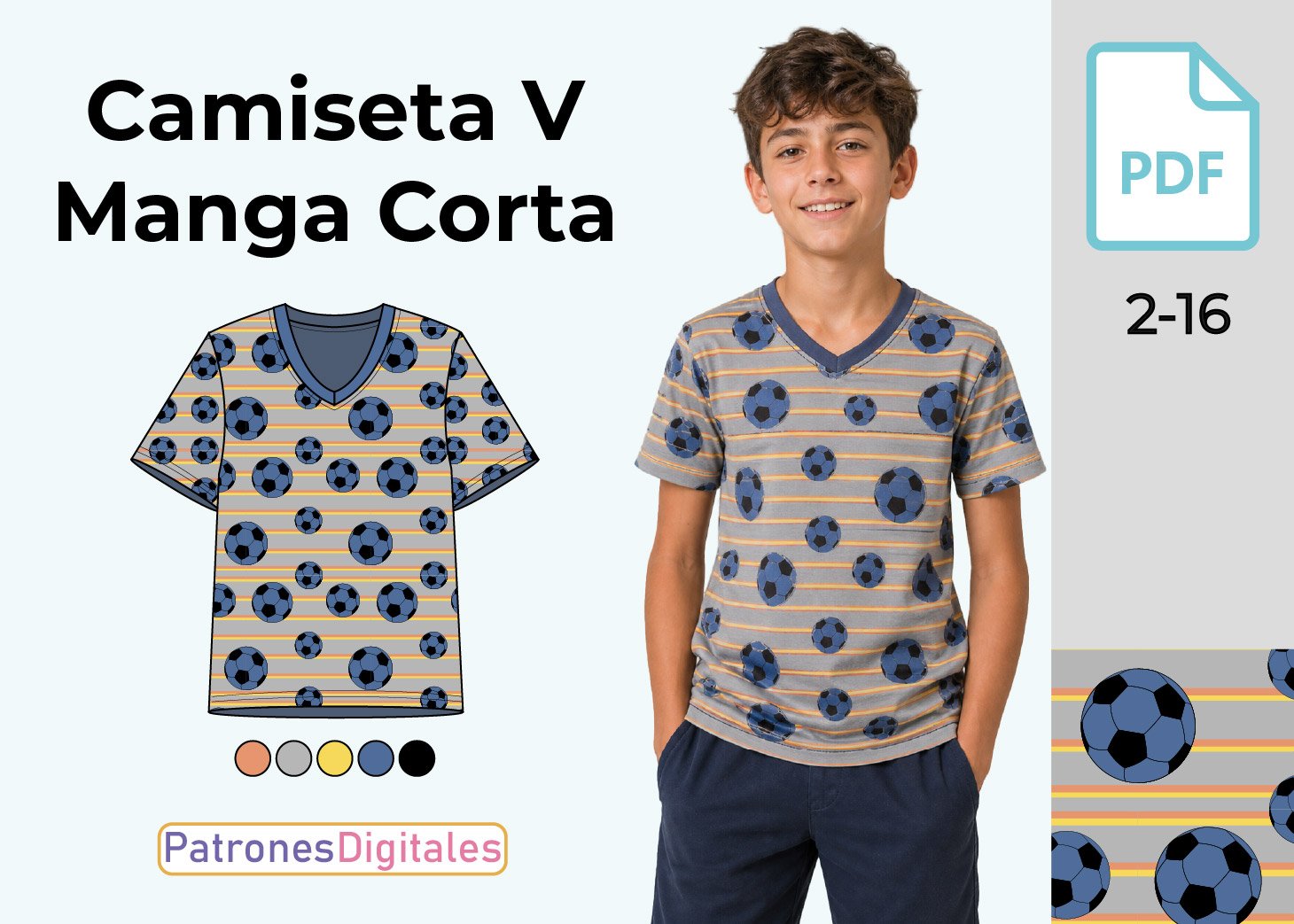 Patrón de Camiseta Cuello V Manga Corta para Niño Gratis en PDF – Tallas 2 a 16