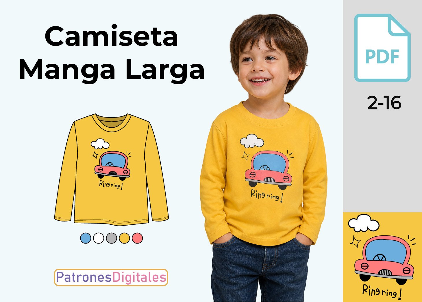 Patrón de Camiseta Manga Larga para Niño Gratis en PDF – Tallas 2 a 16