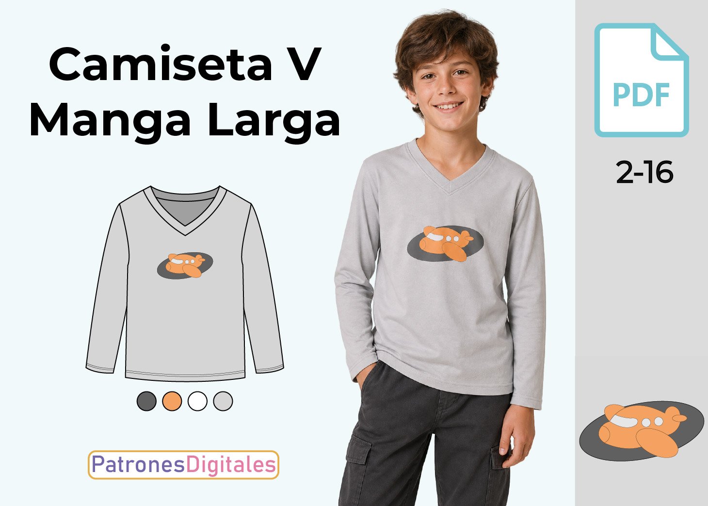 Patrón de Camiseta Cuello V Manga Larga para Niño Gratis en PDF – Tallas 2 a 16