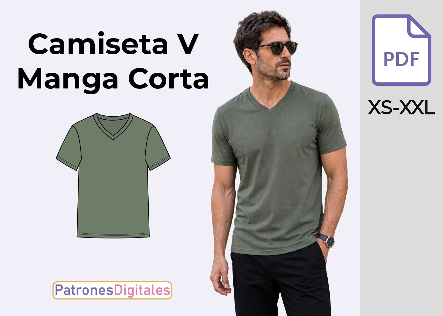 Patrón de Camiseta Cuello V Manga Corta para Hombre Gratis en PDF – Tallas XS a XXL