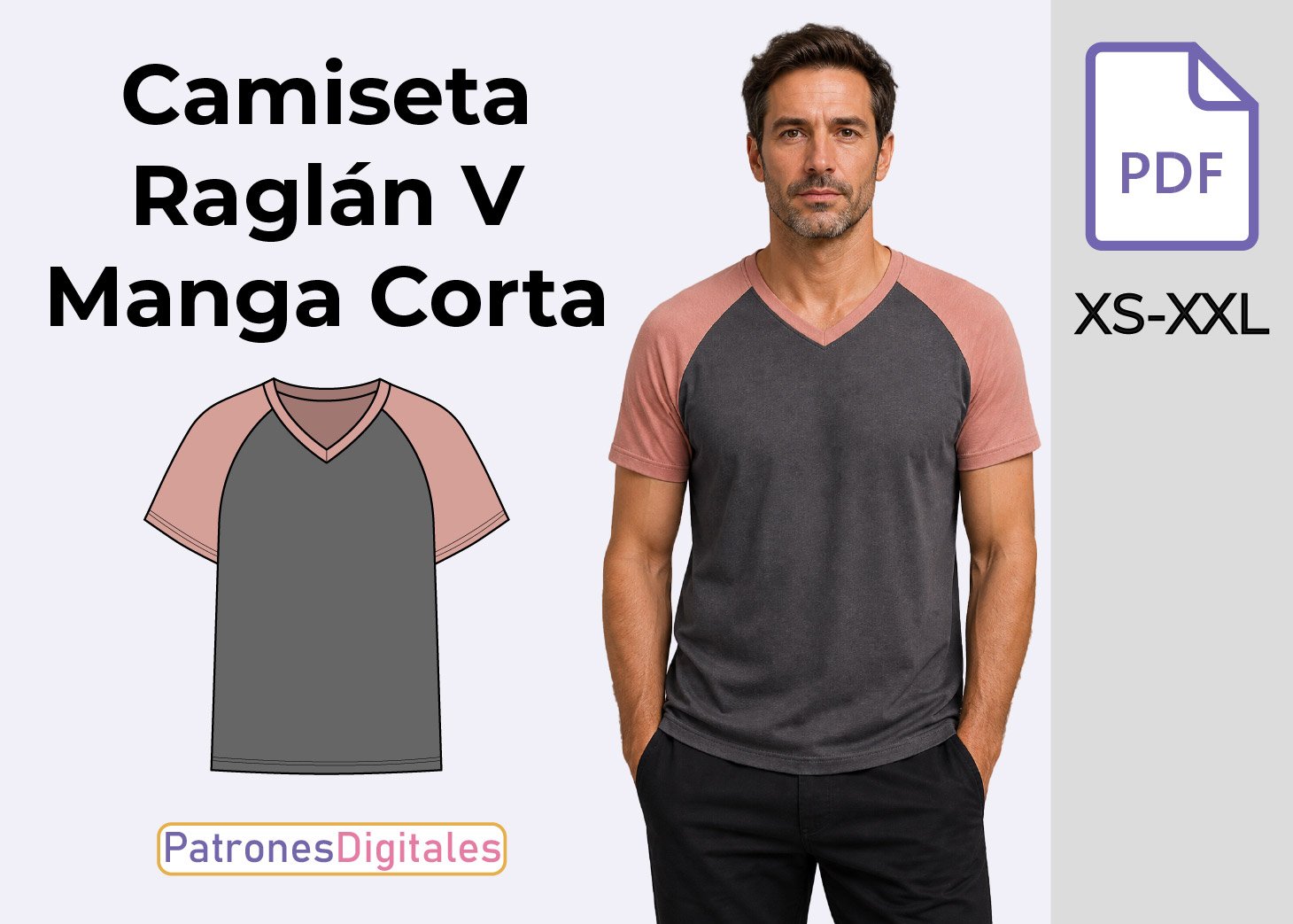 Patrón de Camiseta Raglán Cuello V Manga Corta para Hombre Gratis en PDF – Tallas XS a XXL