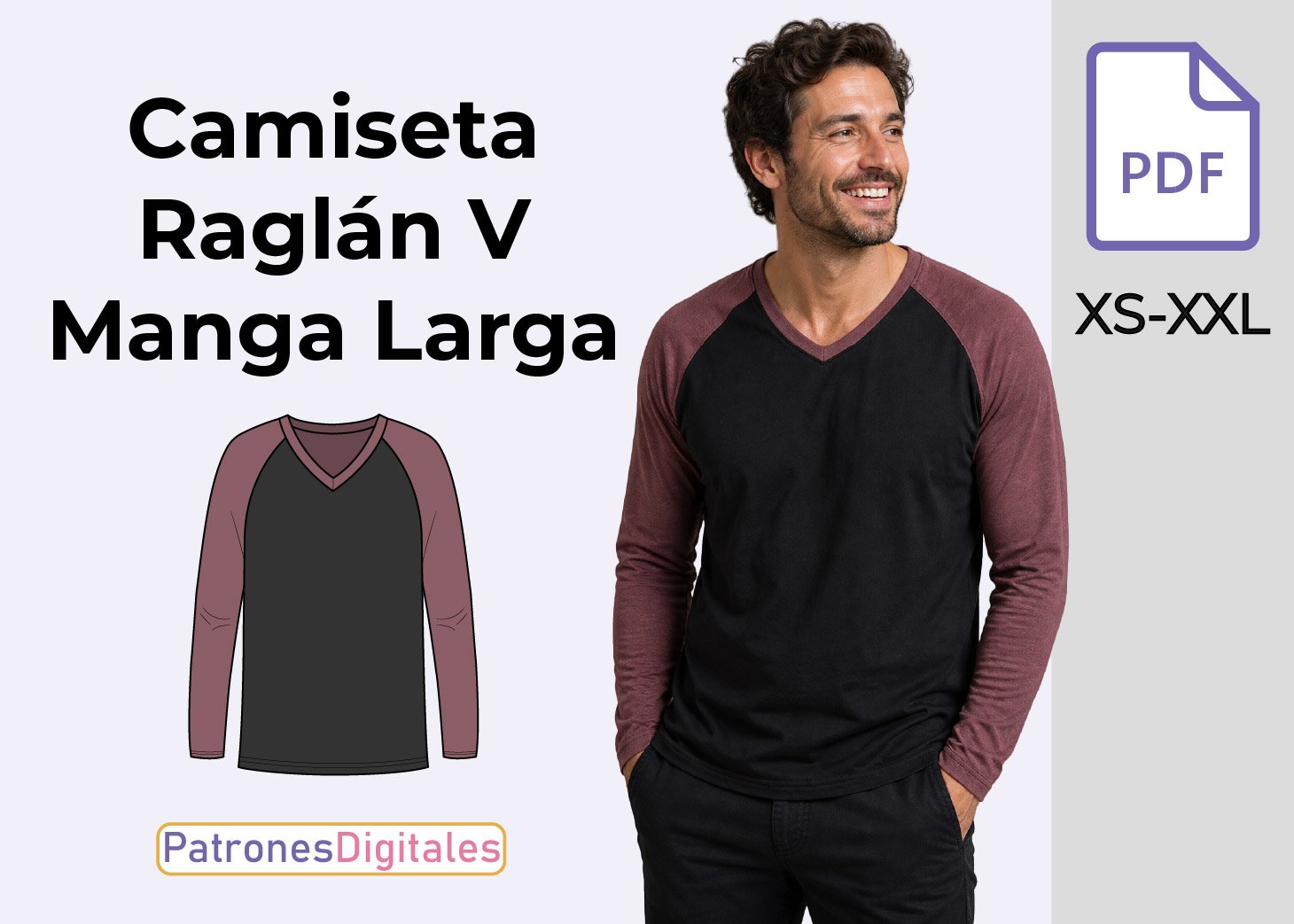 Patrón de Camiseta Raglán Cuello V Manga Larga para Hombre Gratis en PDF – Tallas XS a XXL