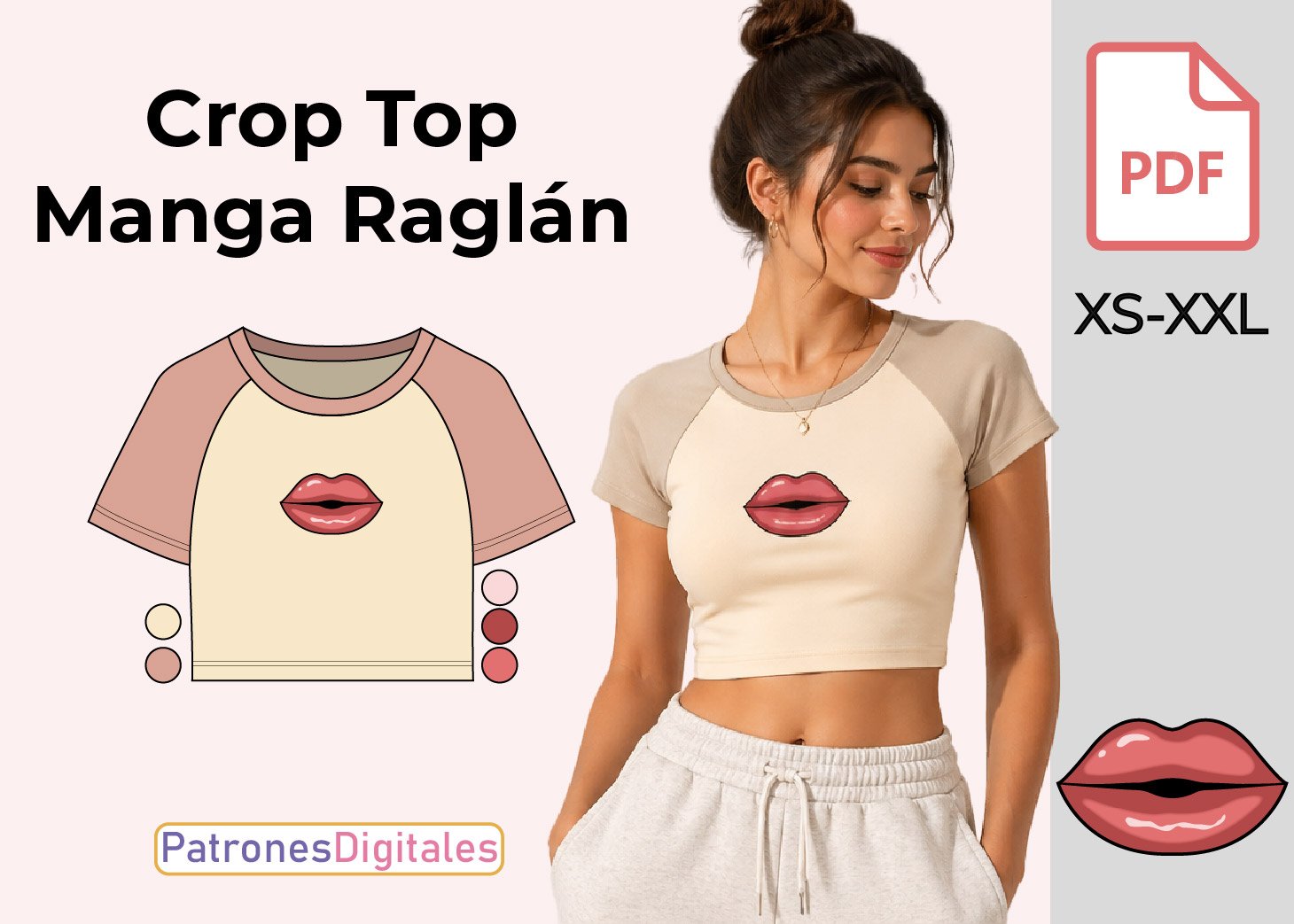 Patrón de Crop Top Raglán Manga Corta para Mujer Gratis en PDF – Tallas XS a XXL