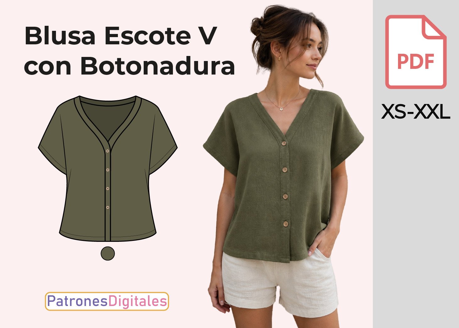 Patrón de Blusa Escote V con Botonadura para Mujer Gratis en PDF – Tallas XS a XXL
