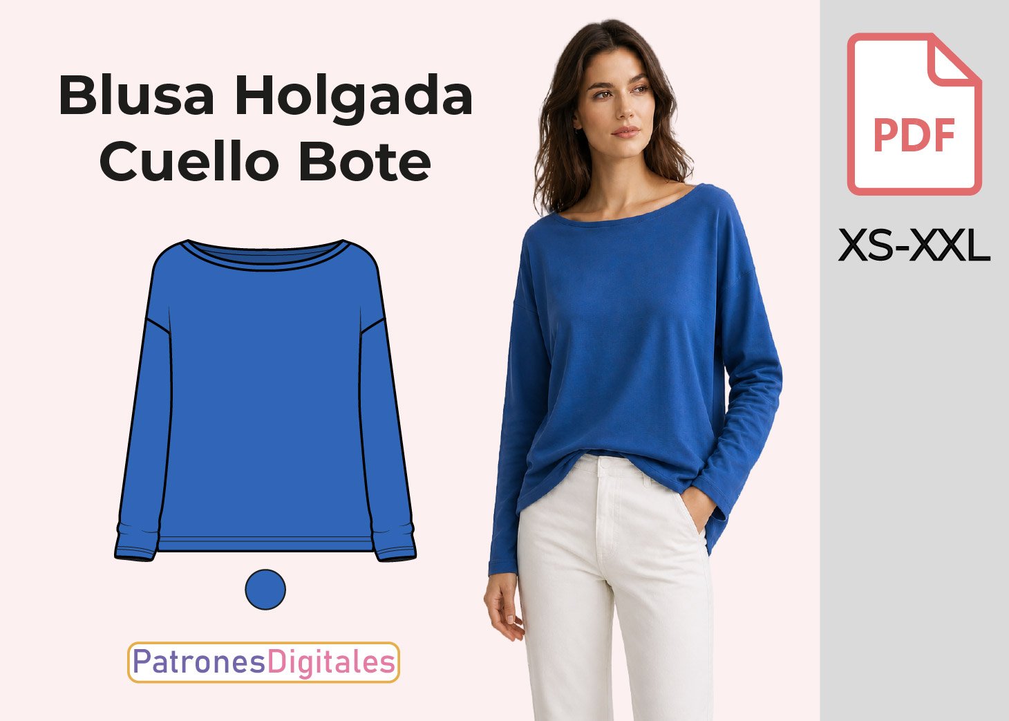 Patrón de Blusa Holgada Cuello Bote para Mujer Gratis en PDF – Tallas XS a XXL