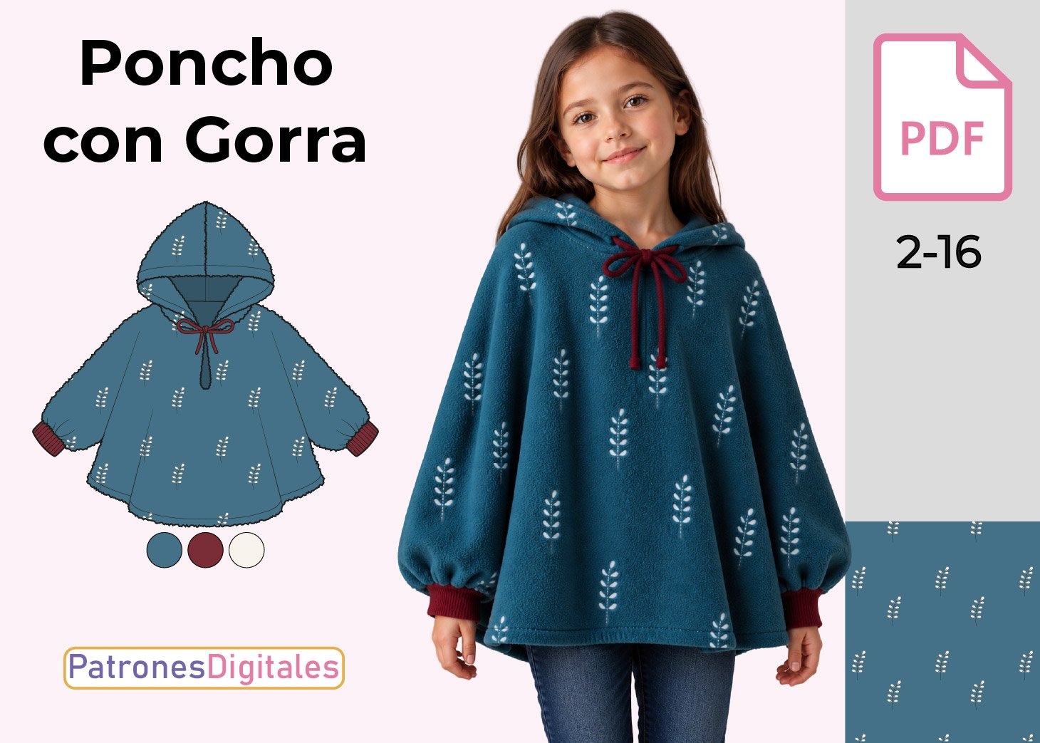 Patrón de Poncho con Gorra para Niña Gratis en PDF – Tallas 2 a 16