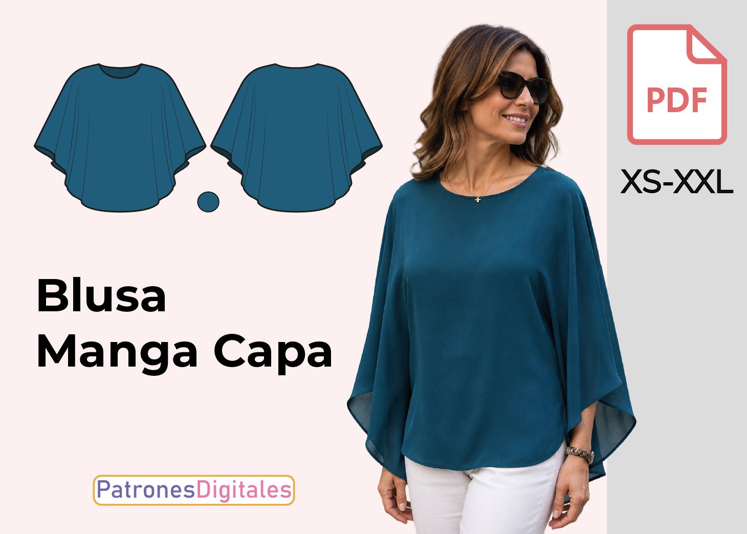Patrón de Blusa Manga Capa para Mujer Gratis en PDF – Tallas XS a XXL