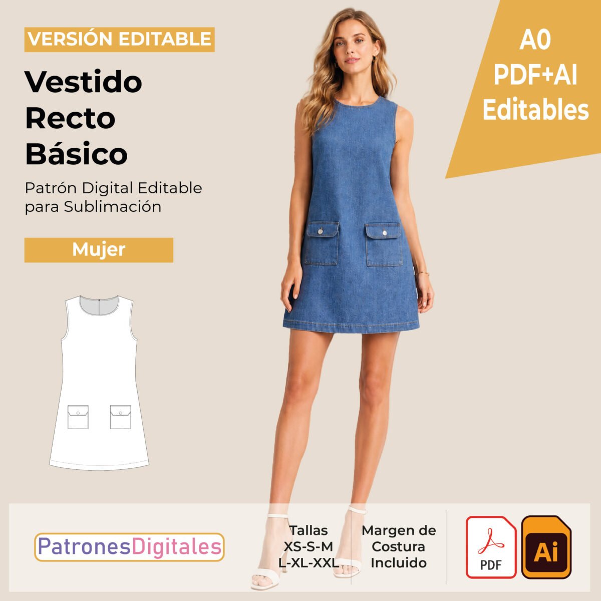 tienda 1 vestido recto mujer editable