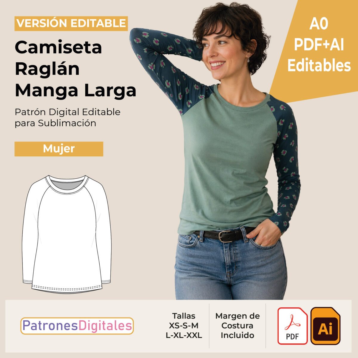 tienda 1 camiseta raglán manga larga mujer editable