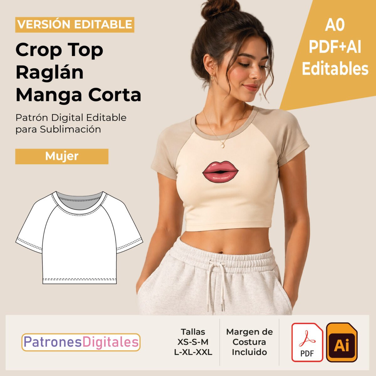tienda 1 crop top raglán manga corta mujer editable