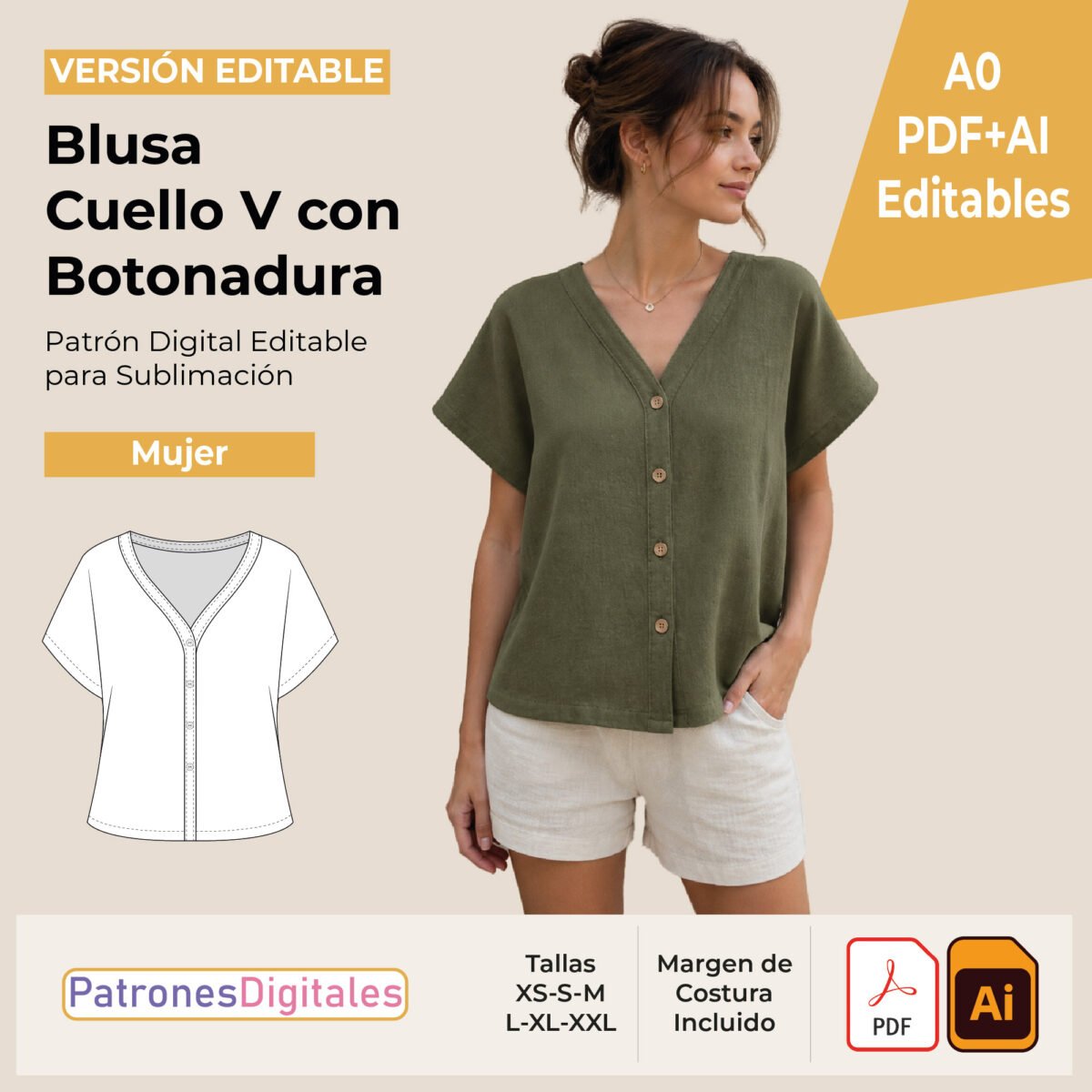 tienda 1 blusa v con botonadura mujer editable
