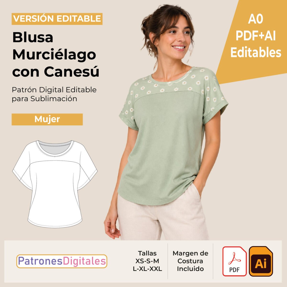 tienda 1 blusa murciélago con canesú mujer editable