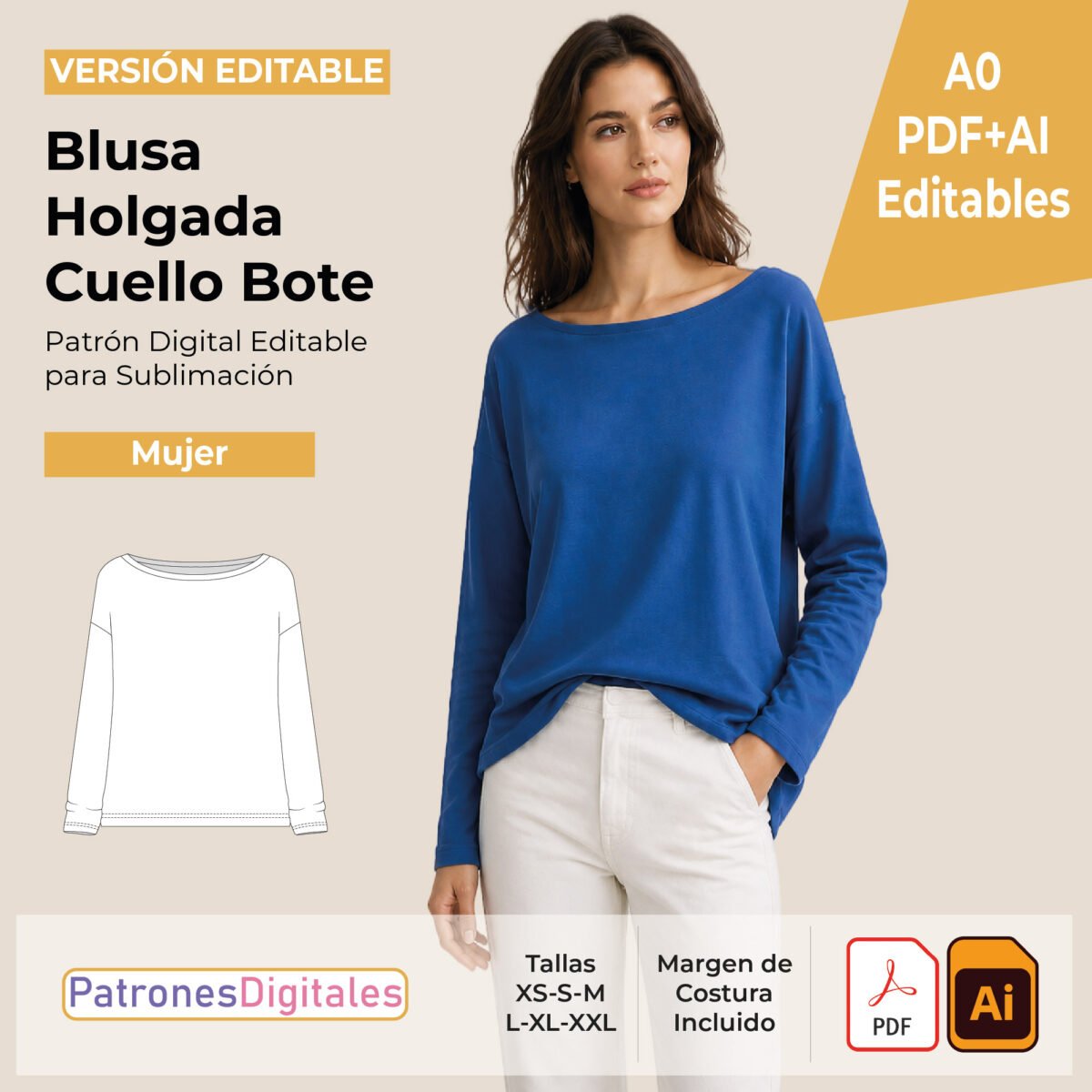 tienda 1 blusa holgada cuello bote mujer editable