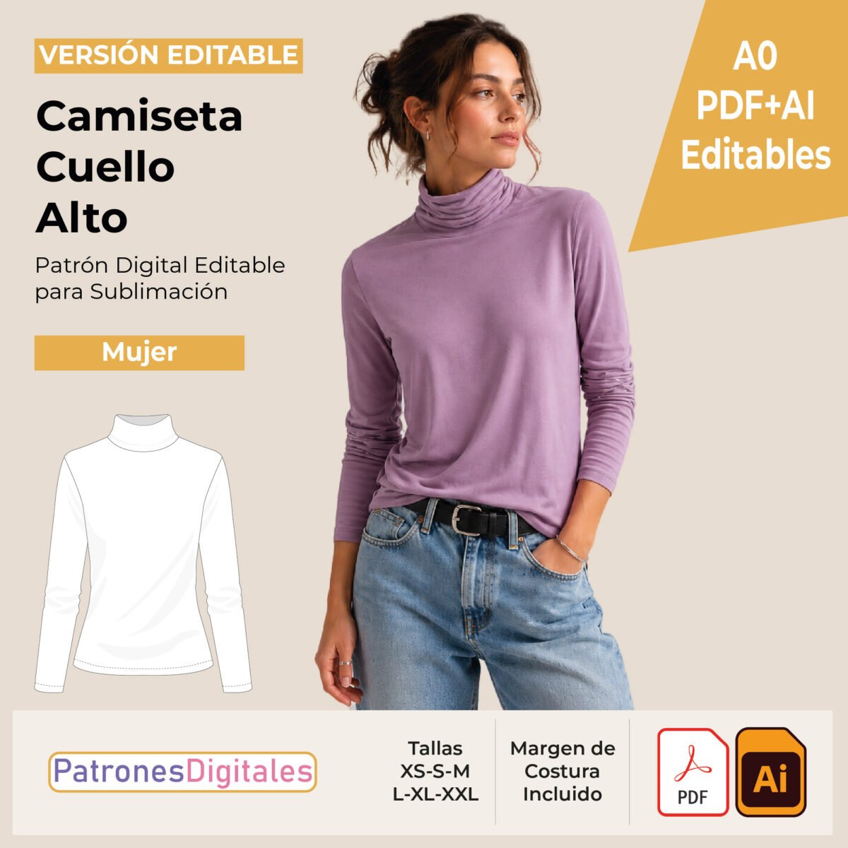 tienda 1 camiseta cuello alto mujer editable