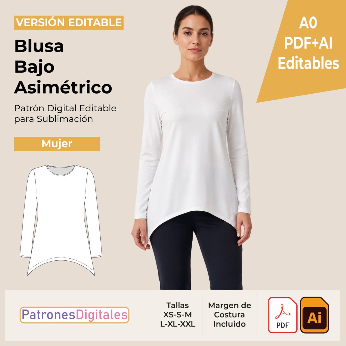 tienda 1 blusa bajo asimétrico mujer editable