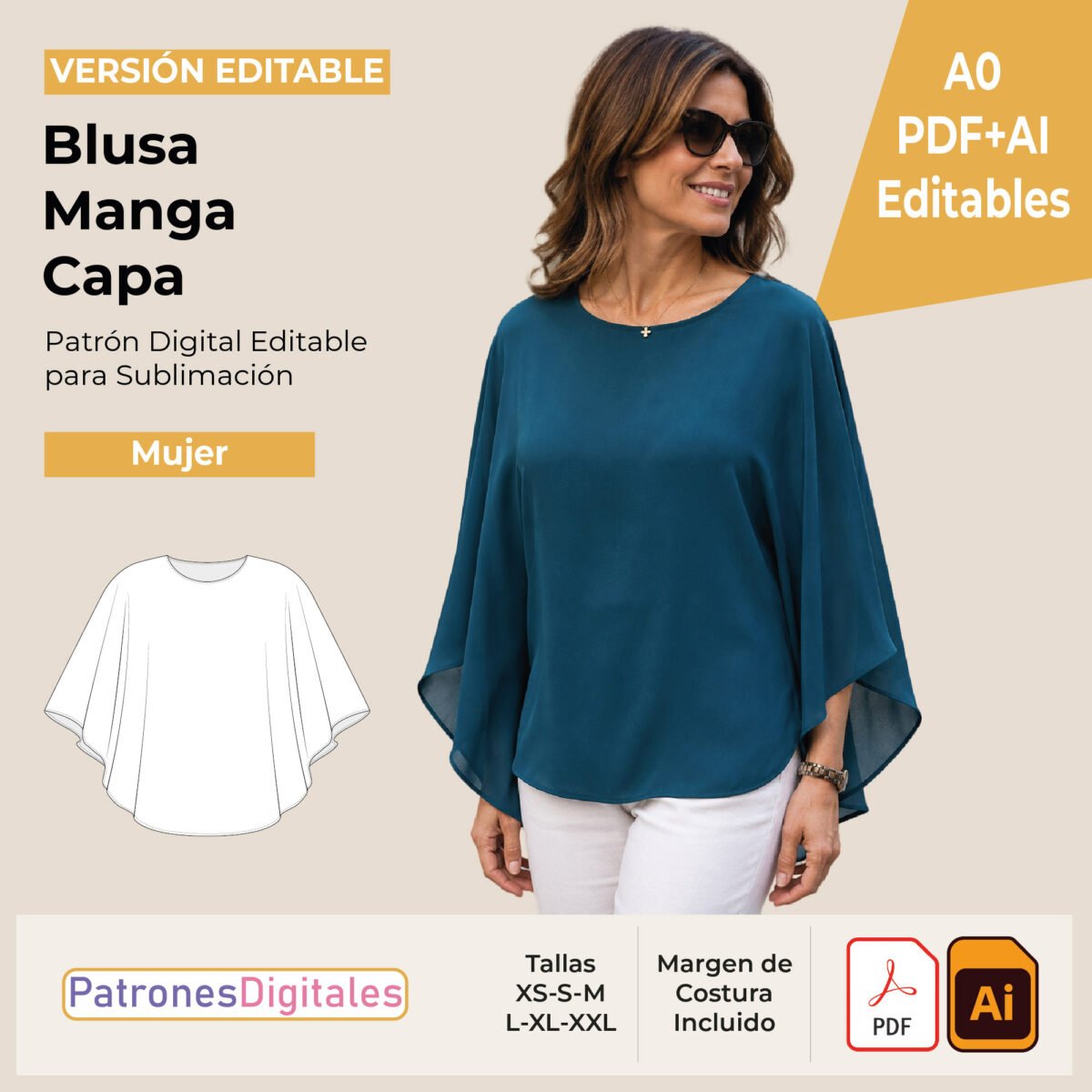 tienda 1 blusa manga capa mujer editable