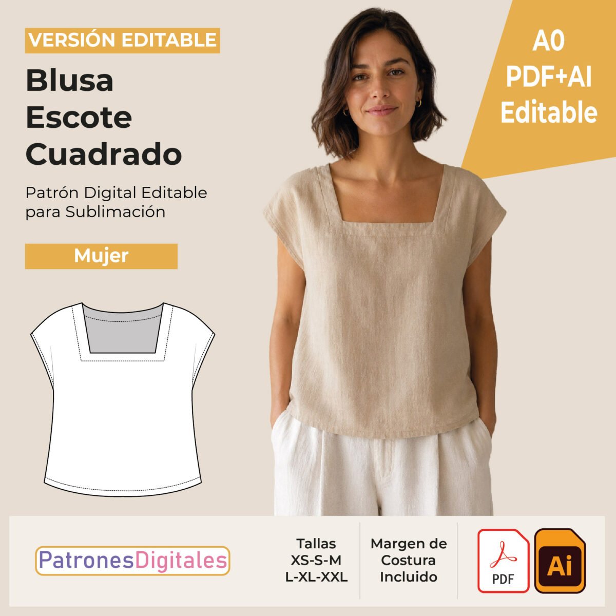 tienda 1 blusa escote cuadrado mujer editable