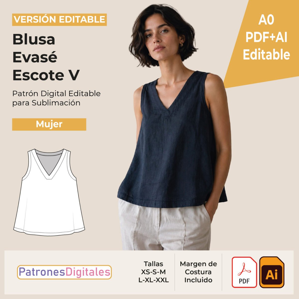 tienda blusa evasé escote v mujer editable