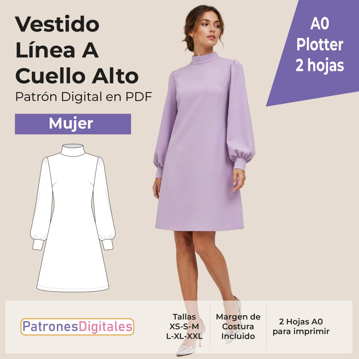 tienda 1 vestido línea A cuello alto mujer plotter
