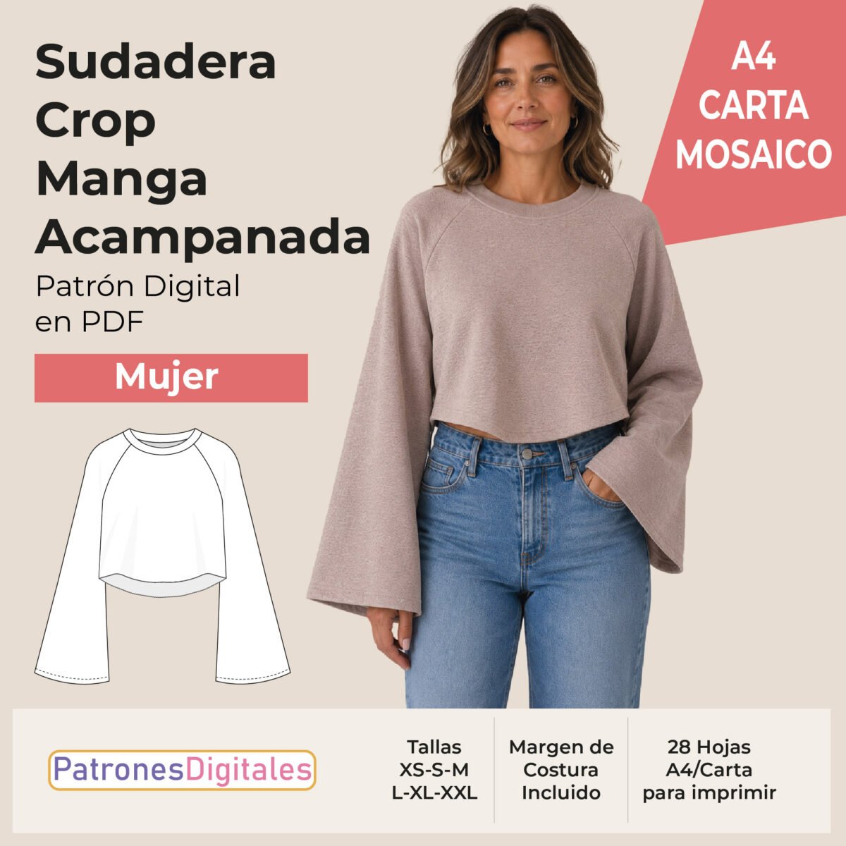 tienda 1 sudadera crop manga acampanada carta