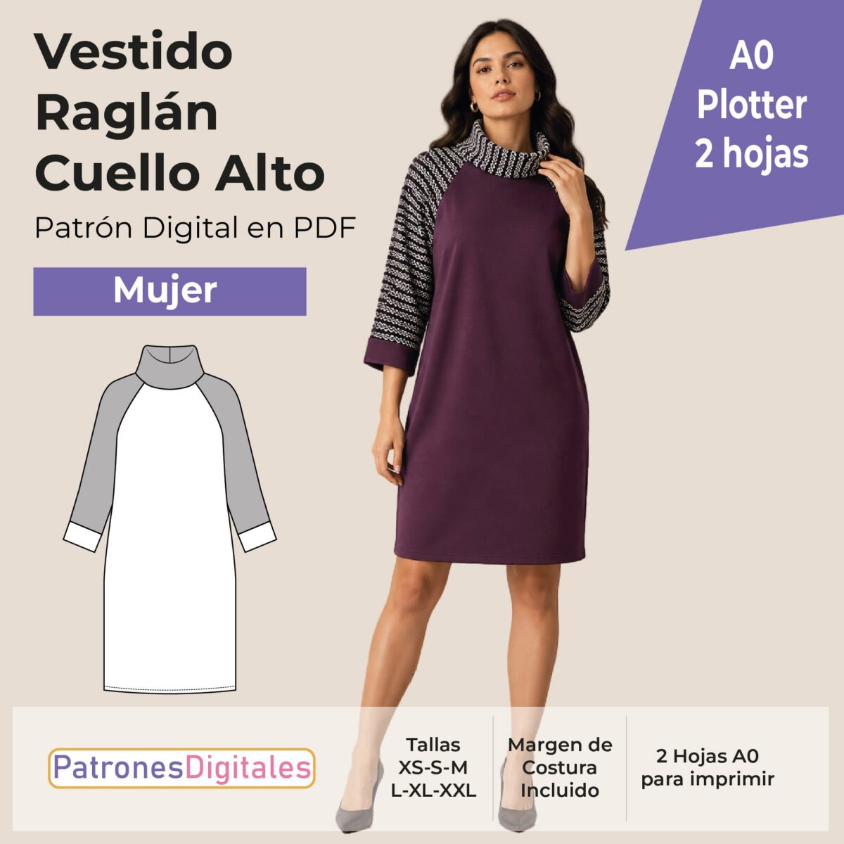 tienda vestido raglán cuello alto mujer plotter
