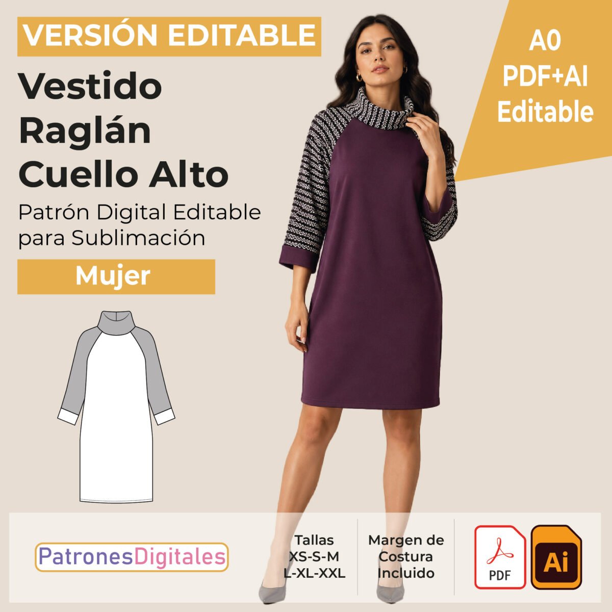tienda vestido raglán cuello alto mujer editable