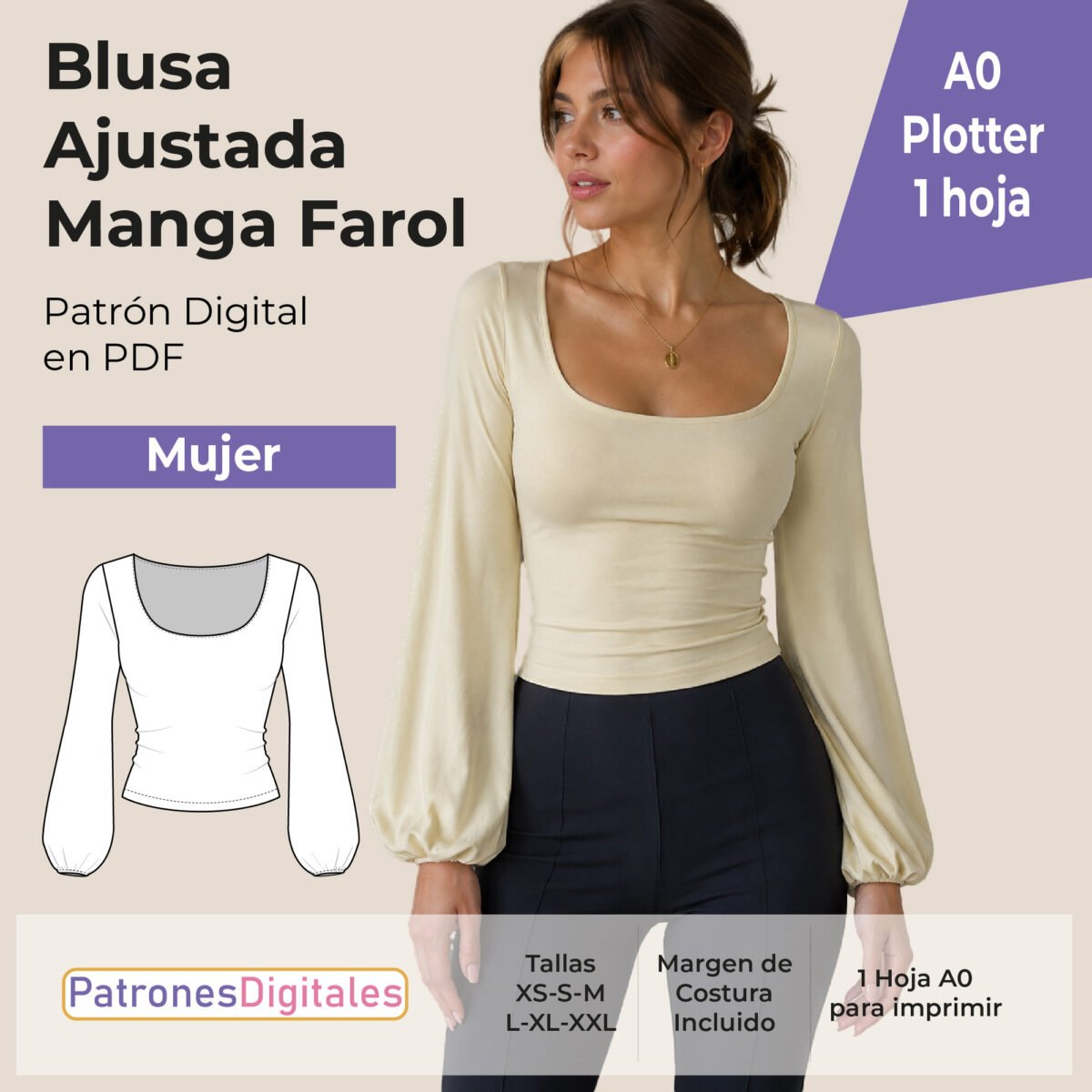 tienda 1 blusa ajustada manga farol plotter
