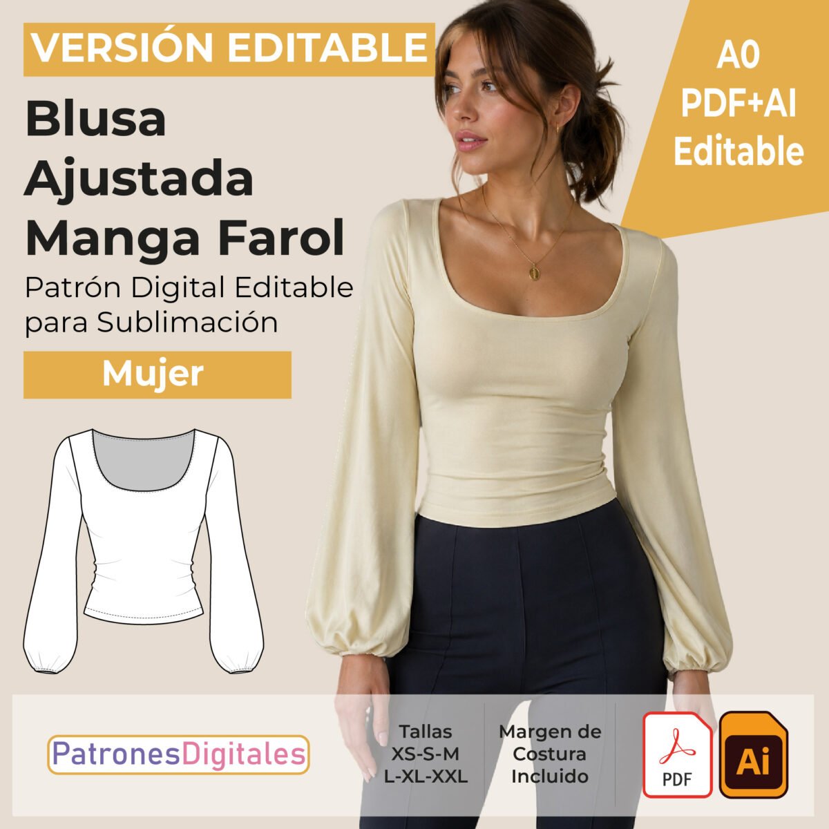 tienda 1 blusa ajustada manga farol editable