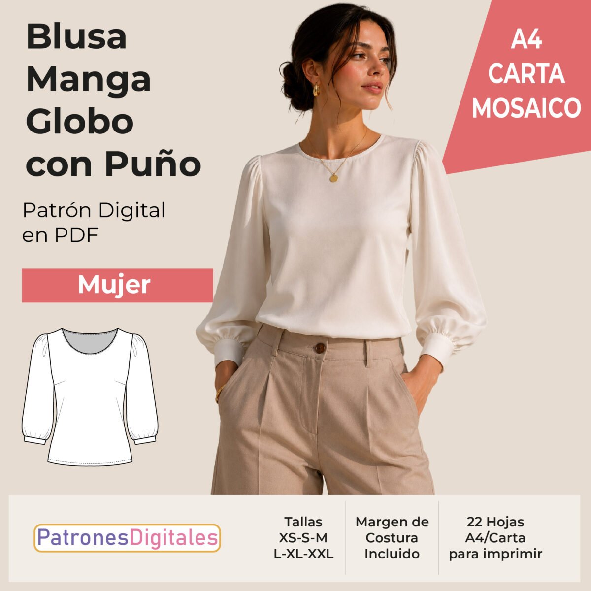 tienda 1 blusa manga globo con puño carta