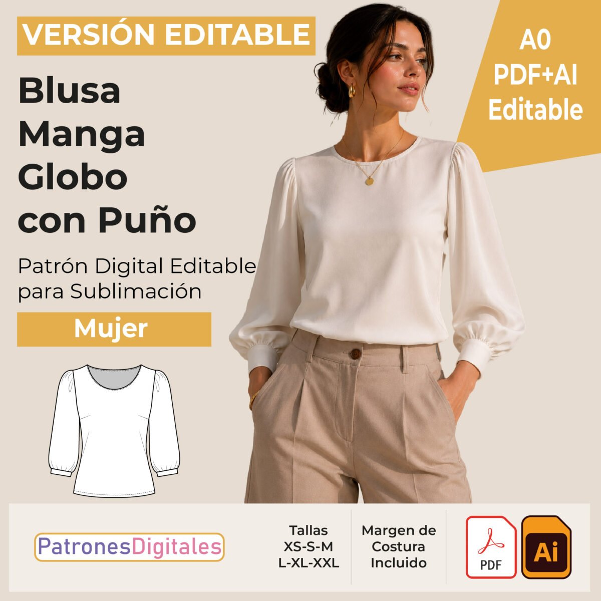 tienda 1 blusa manga globo con puño editable