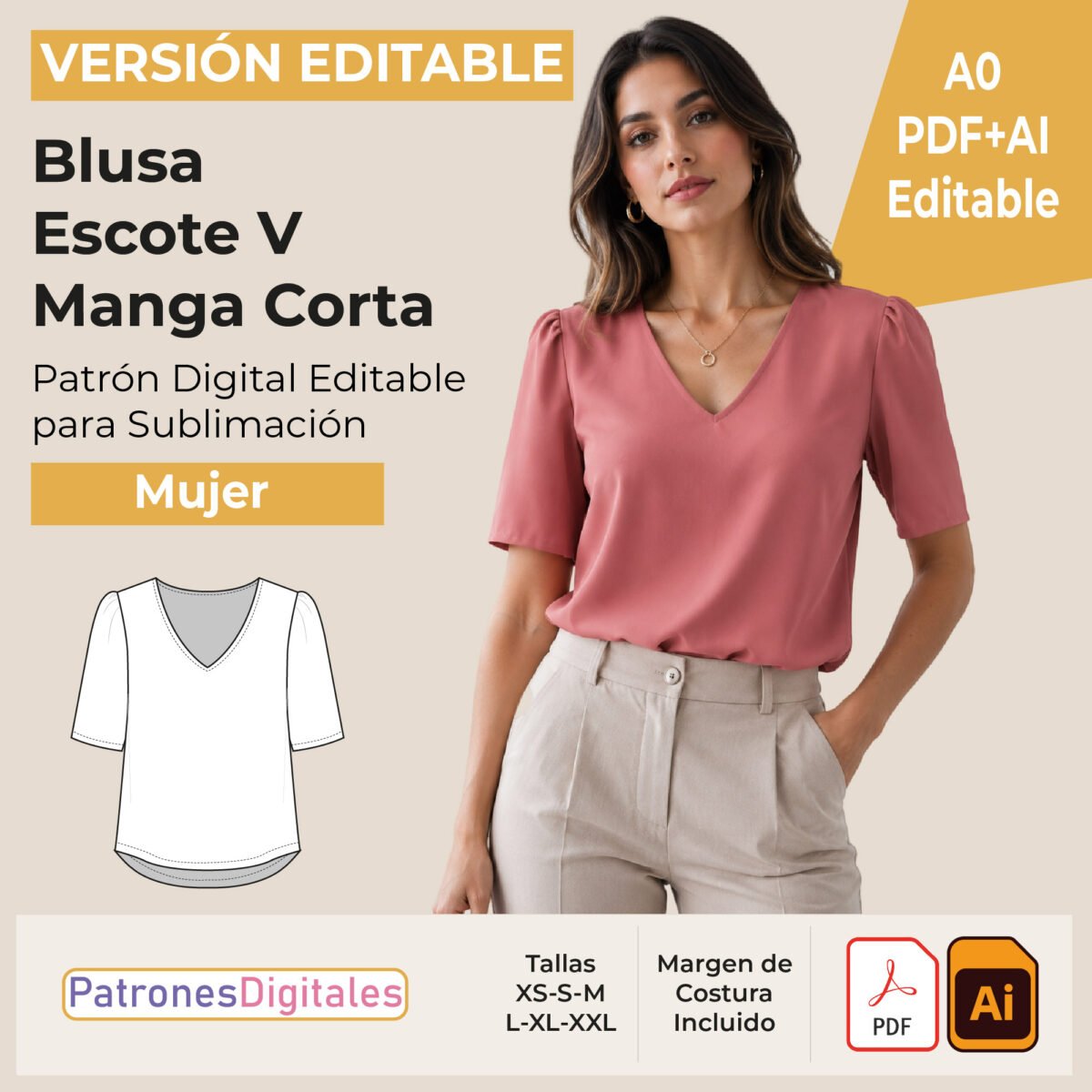 tienda 1 blusa escote v manga corta editable