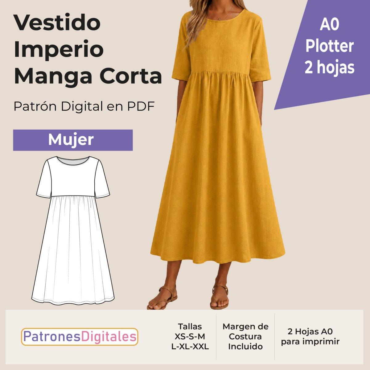 tienda 1 vestido imperio manga corta plotter