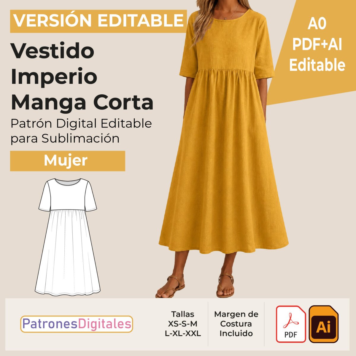 tienda 1 vestido imperio manga corta editable