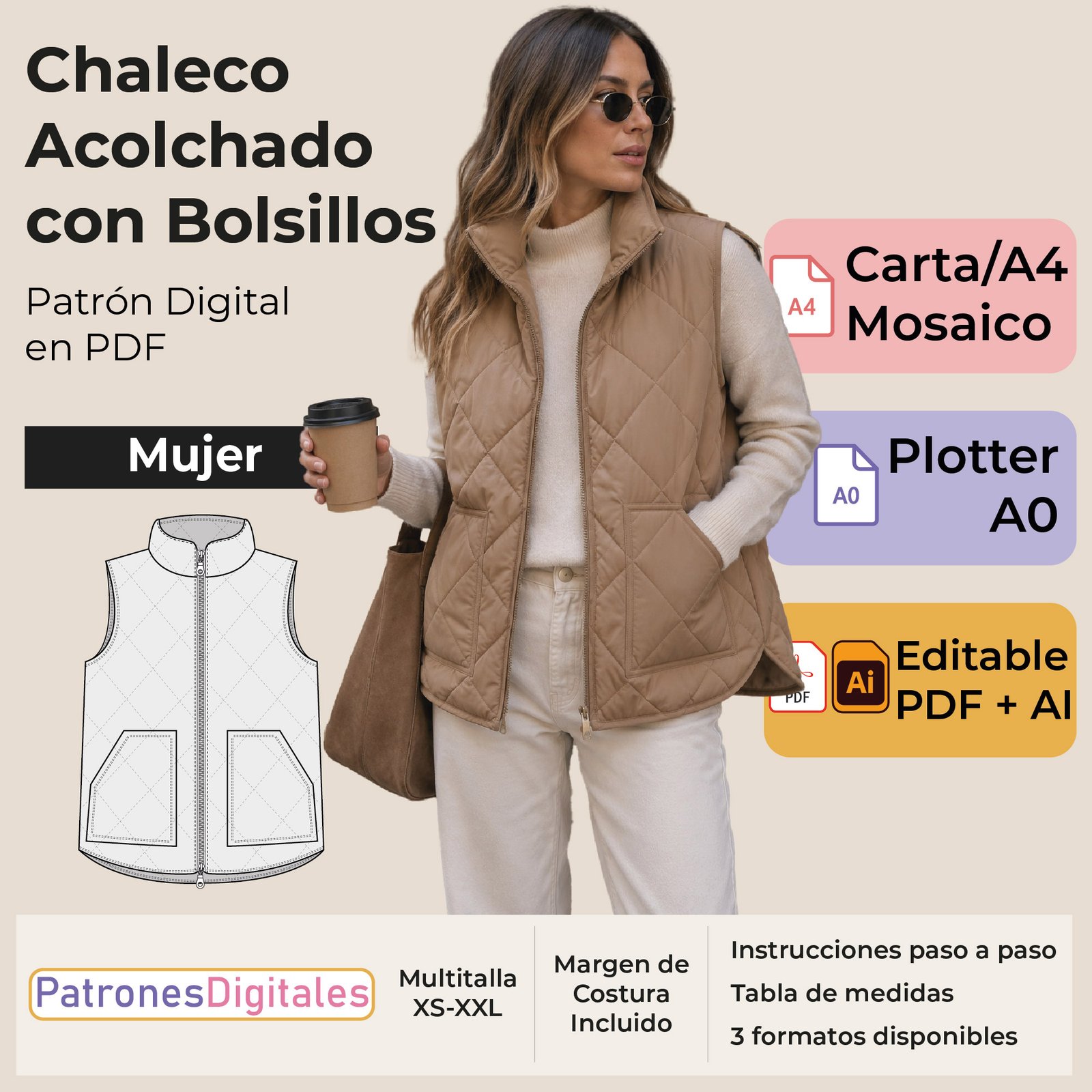tienda 1 chaleco acolchado con bolsillos parche