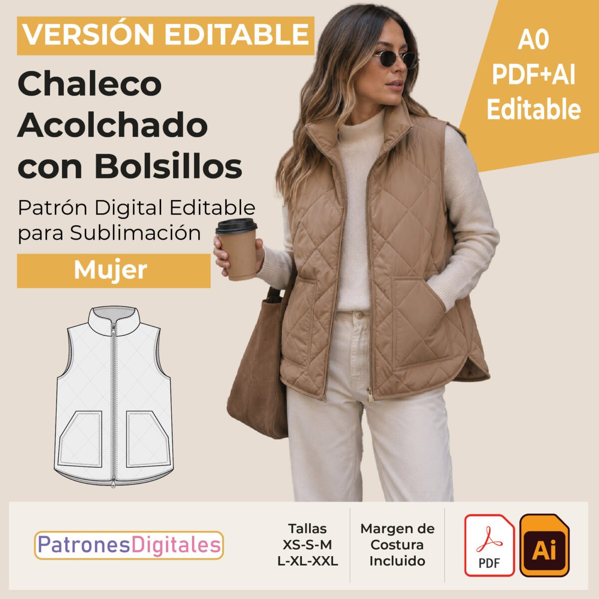 tienda 1 chaleco acolchado con bolsillos parche editable