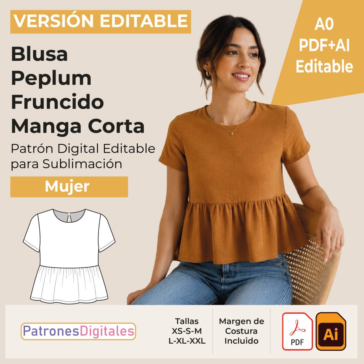 tienda 1 blusa peplum fruncido manga corta editable
